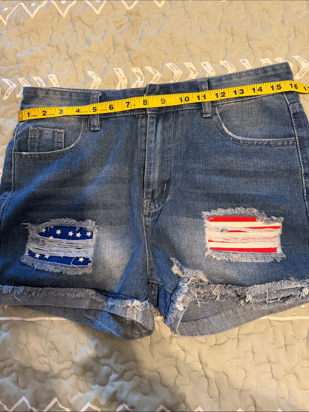 Women's Distressed Denim Shorts with Flag Patch - Blue